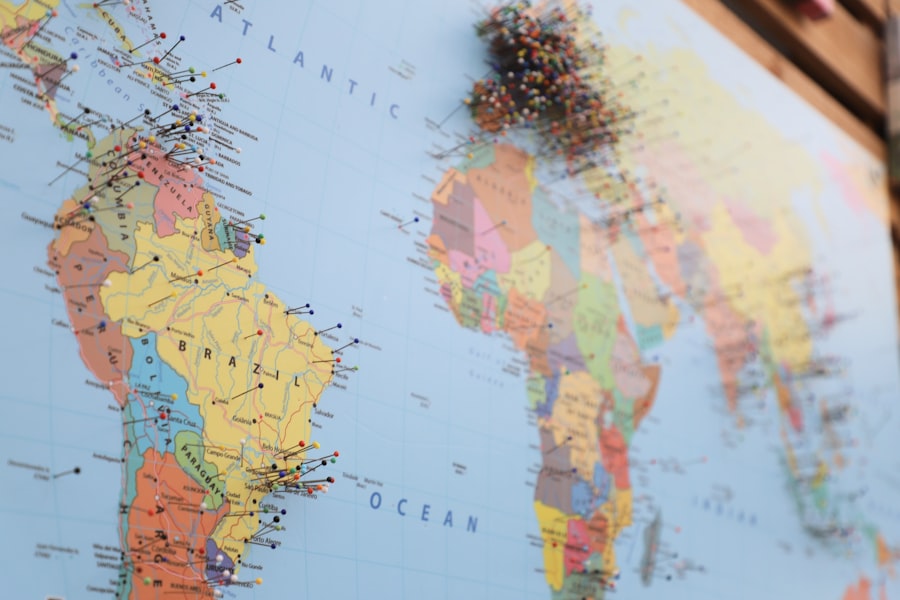 A world map with colored pins placed across countries.